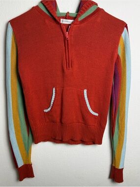 Red Half-Zip Hooded Sweater with Multi-Stripe Sleeves